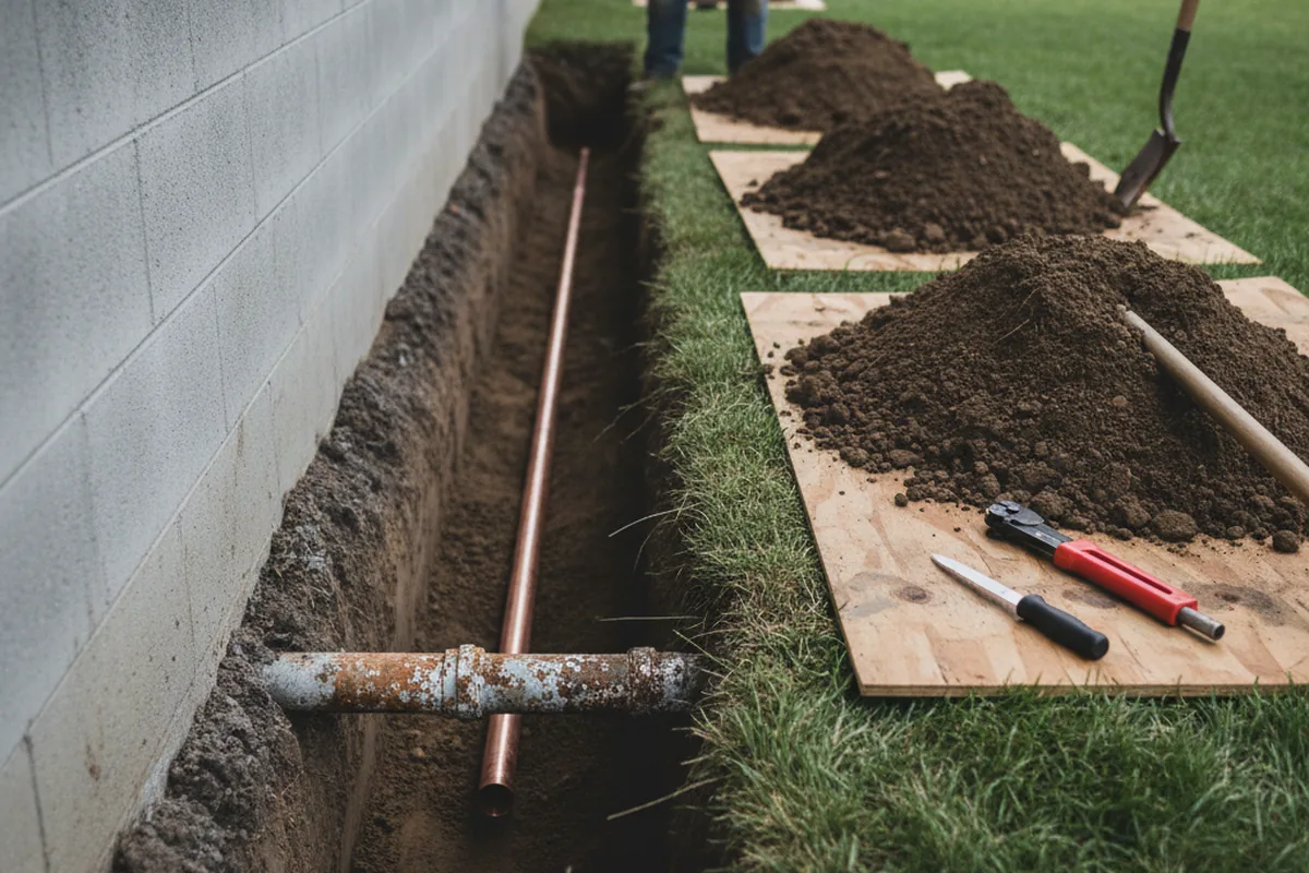 Excavated water line trench during Water Softener Installation in Gilbert